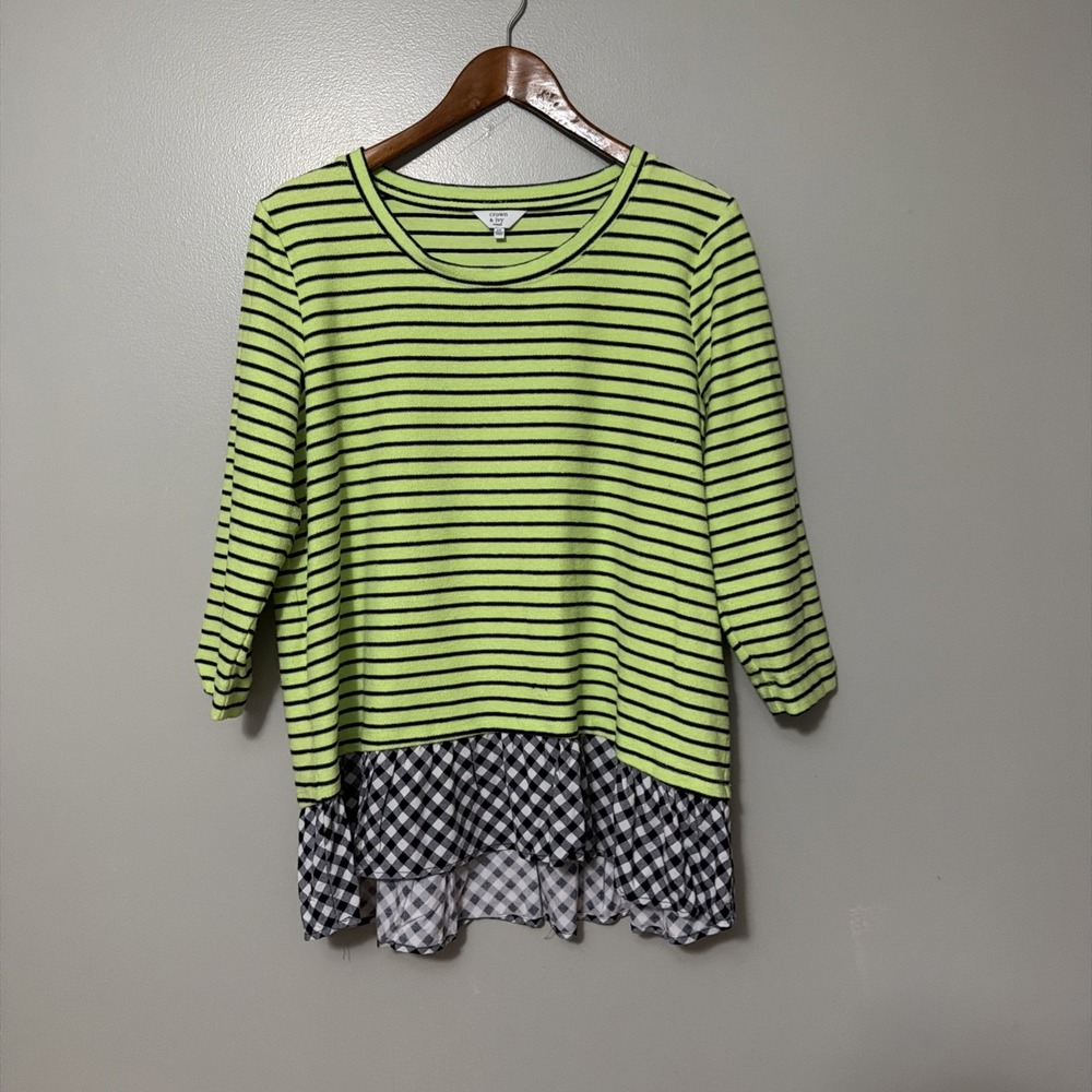 Crown & Ivy Blouse Shirt Green Black Striped Peplum Women's SZ OX Ruffle Checker